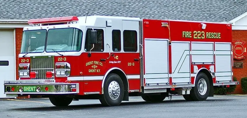 Rescue 22-43, a 2001 Rosenbauer rescue pumper, outside the firehouse.